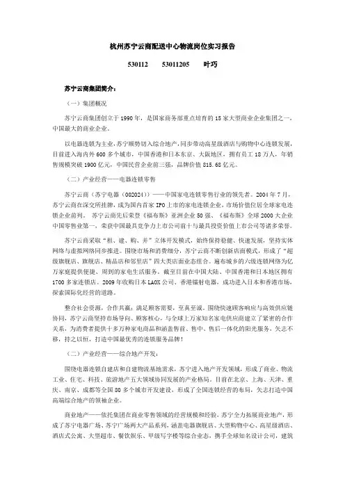 杭州苏宁云商配送中心物流岗位实习报告