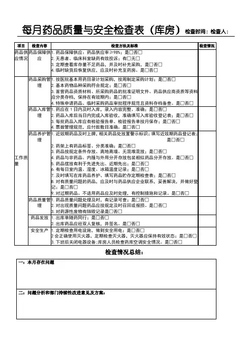药品质量与安全检查表(库房)