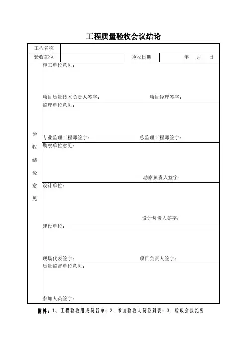 工程质量验收会议结论、验收组成员名单、参加验收人员签到表、会议纪要、实测项目检查记录表