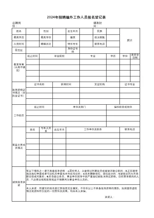 2024年招聘编外工作人员报名登记表