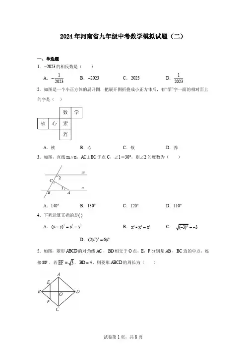 2024年河南省九年级中考数学模拟试题(二)