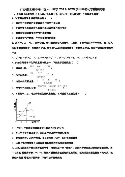【附20套中考模拟试卷】江苏省无锡市锡山区天一中学2019-2020学年中考化学模拟试卷含解析