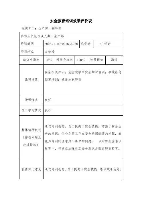 教育培训效果评价记录