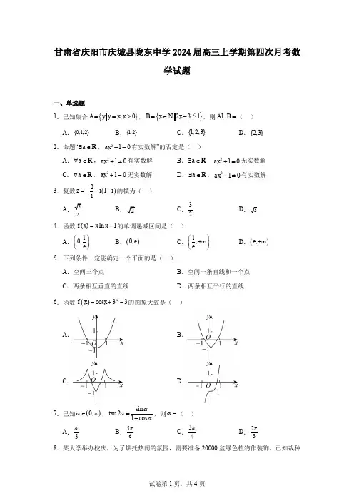 甘肃省庆阳市庆城县陇东中学2024届高三上学期第四次月考数学试题