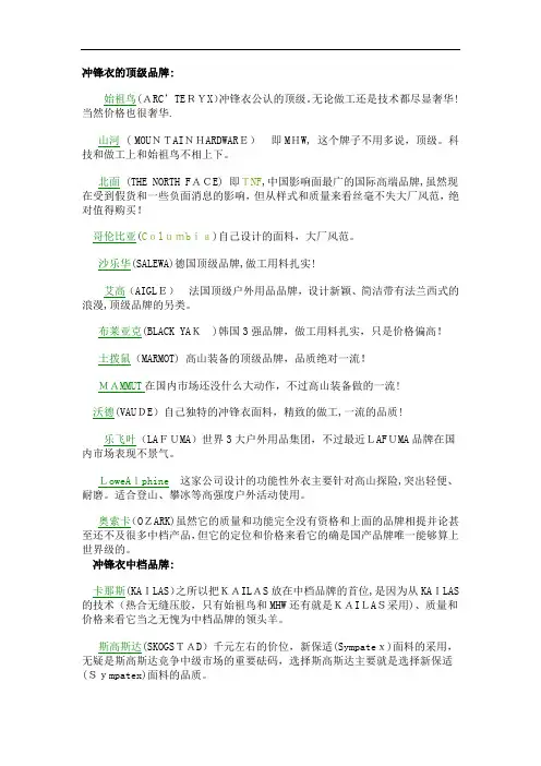 冲锋衣的顶级品牌
