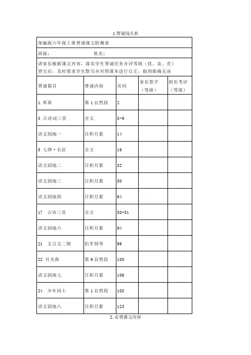 部编版六年级语文上册背诵闯关表
