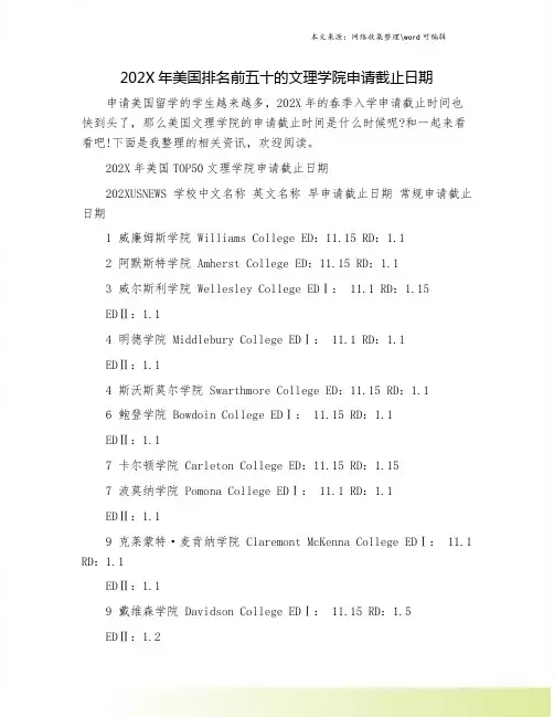 202X年美国排名前五十的文理学院申请截止日期