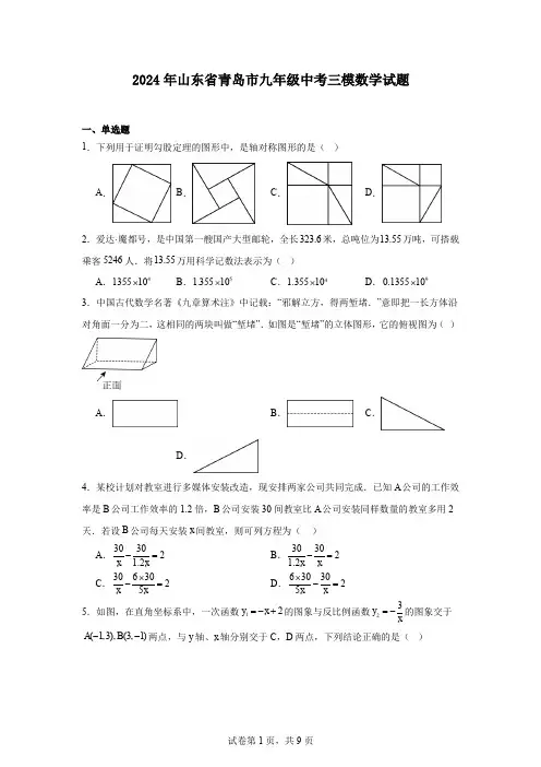 2024年山东省青岛市九年级中考三模数学试题