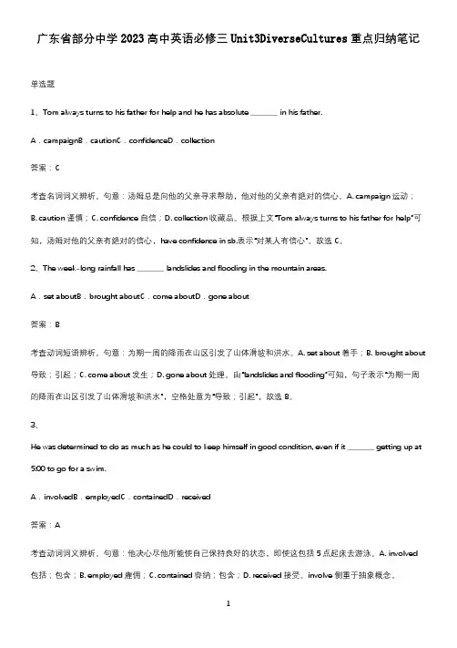 广东省部分中学2023高中英语必修三Unit3DiverseCultures重点归纳笔记