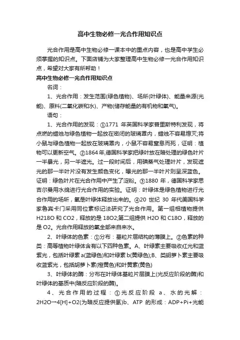 高中生物必修一光合作用知识点