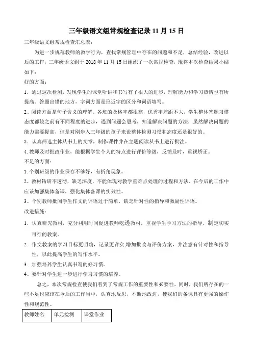 三年级语文组11、15备课作业检查记录小结
