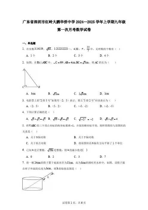 广东省深圳市红岭大鹏华侨中学2024—2025学年上学期九年级第一次月考数学试卷