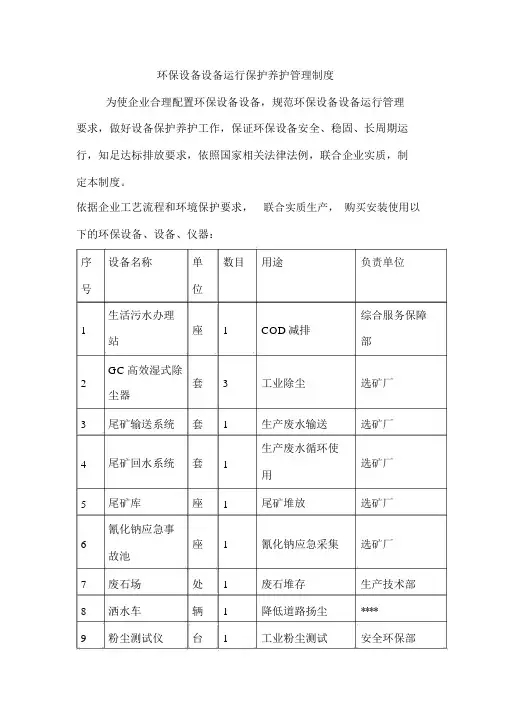 环保设施设备运行维护保养管理制度