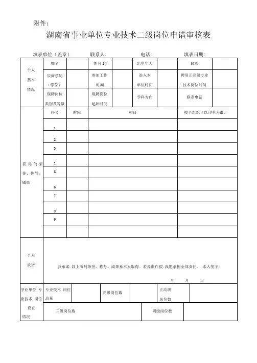 专业技术二级岗位申请审核表