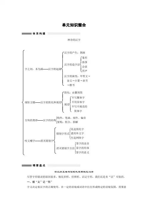 高中语文人教版选修《语言文字应用》学案：第三课 神奇的汉字 单元知识整合 Word版含解析