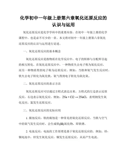 化学初中一年级上册第六章氧化还原反应的认识与运用
