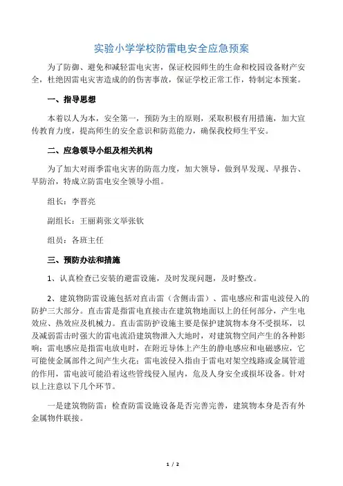 实验小学学校防雷电安全应急预案.