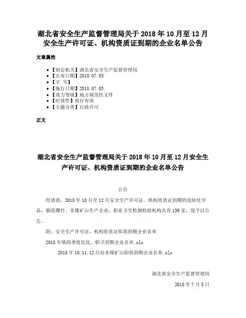 湖北省安全生产监督管理局关于2018年10月至12月安全生产许可证、机构资质证到期的企业名单公告