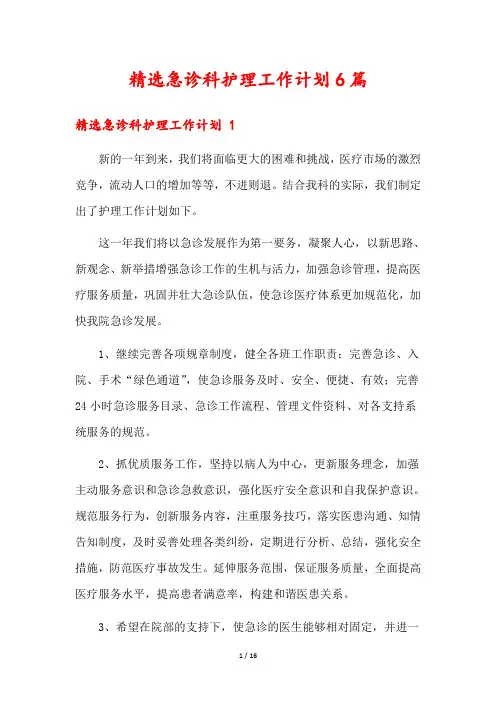 精选急诊科护理工作计划6篇
