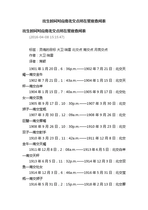 出生时间对应南北交点所在星座查阅表