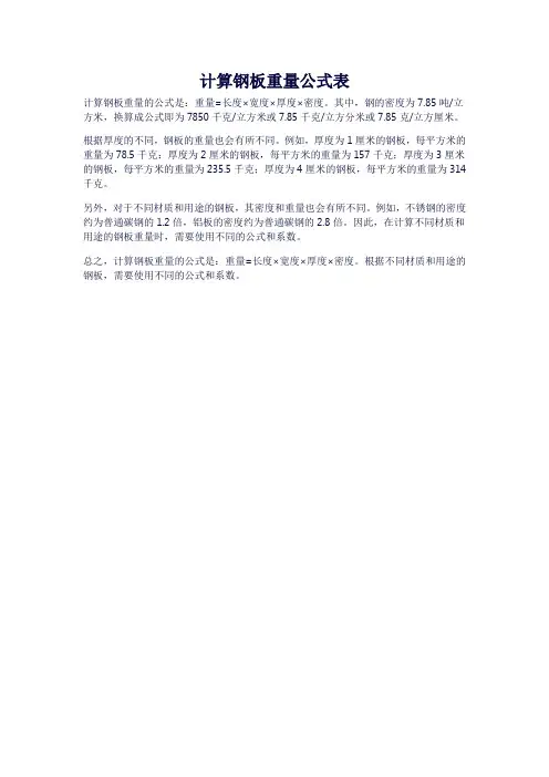 计算钢板重量公式表