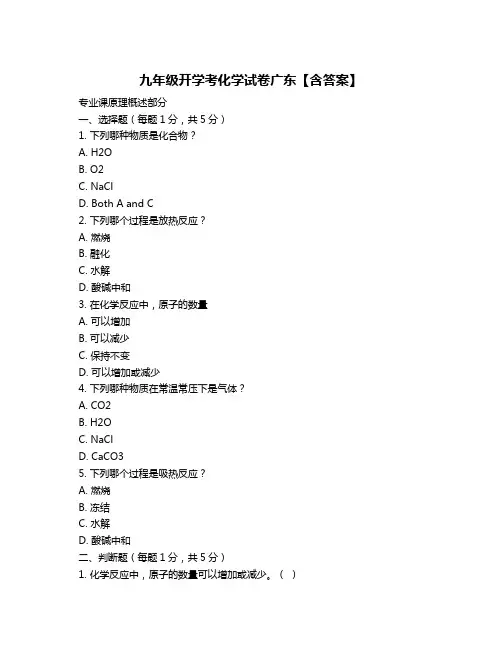 九年级开学考化学试卷广东【含答案】