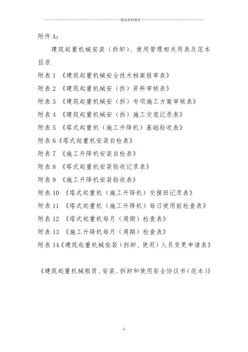 建筑起重机械安装(拆卸)、使用管理相关用表目录及范本