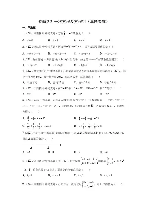 专题2.2 一次方程及方程组(真题专练)