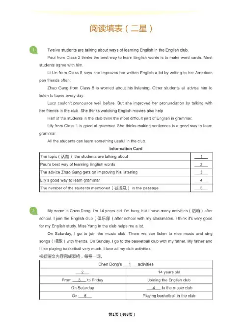 初中英语填表型阅读理解练习题附答案（中级）