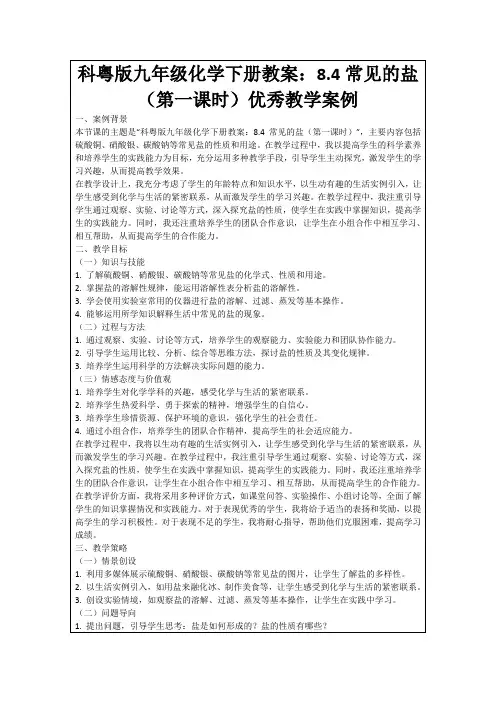 科粤版九年级化学下册教案：8.4常见的盐(第一课时)优秀教学案例