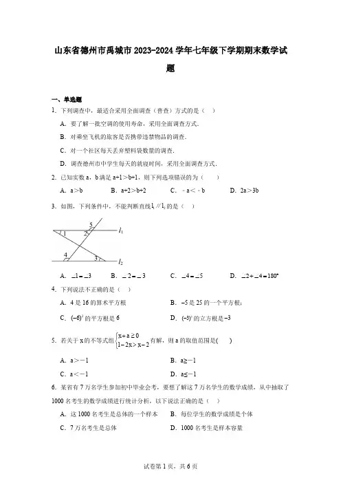山东省德州市禹城市2023-2024学年七年级下学期期末数学试题