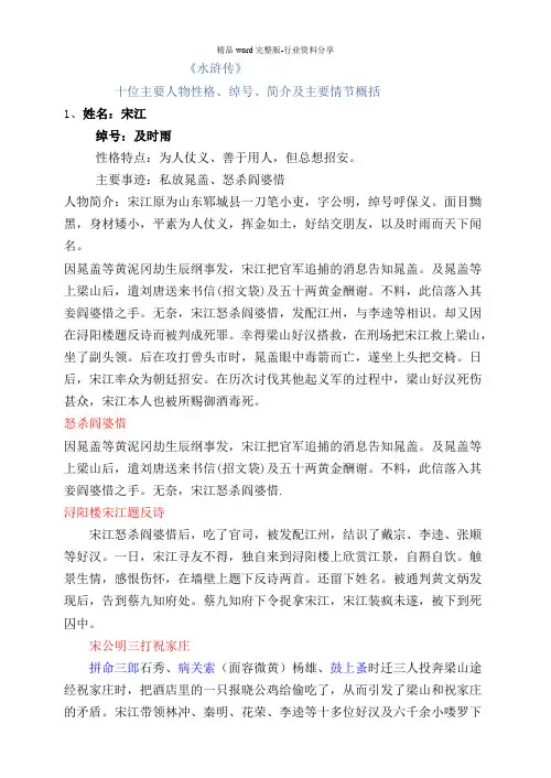 《水浒传》十位主要人物性格、绰号、简介及主要情节概括
