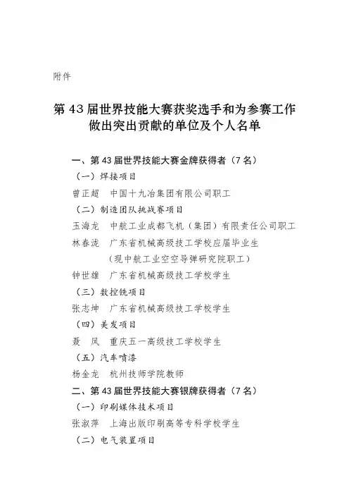 第43届世界技能大赛获奖选手和为参赛工作做出突出贡献的单位及个人名单