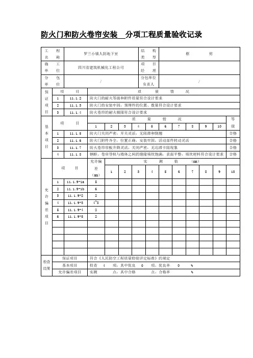 防火门和防火卷帘安装分项工程质量验收记录