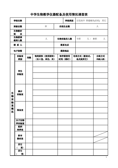 中学生物教学仪器配备及使用情况调查表