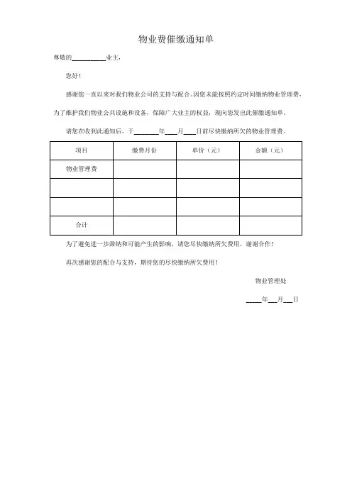 物业费催缴通知单模板格式(可修改) 