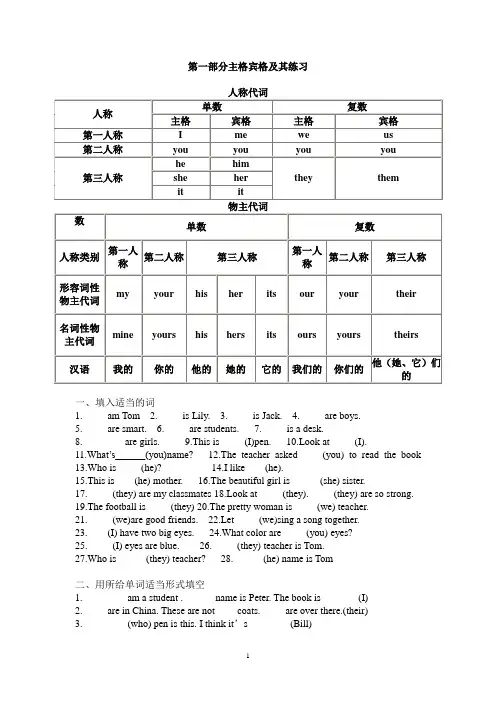 英语主格宾格 形容词性物主代词及名词性物主代词练习题