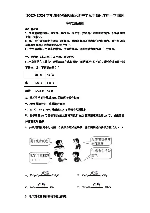 2023-2024学年湖南省耒阳市冠湘中学九年级化学第一学期期中检测试题含解析