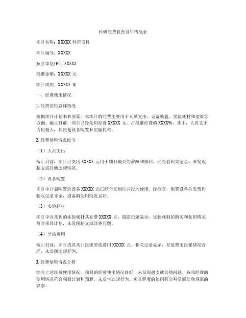 科研经费自查自纠情况表