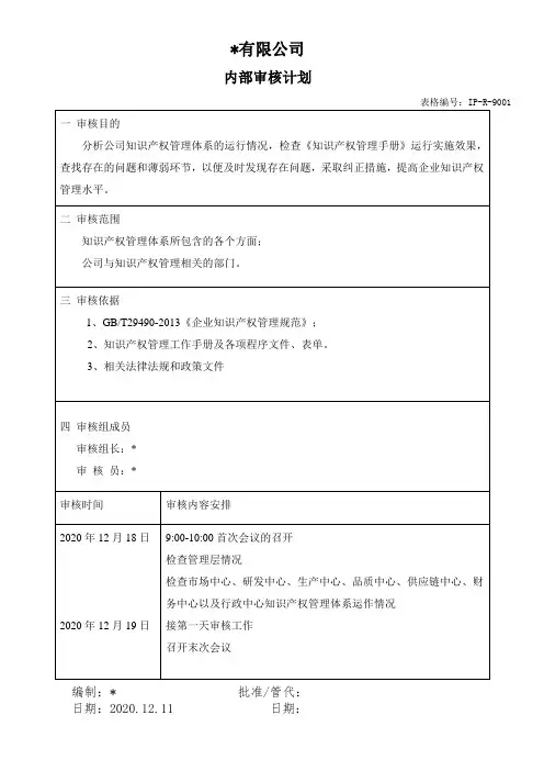 知识产权内部审核计划+检查表+内审报告全套资料