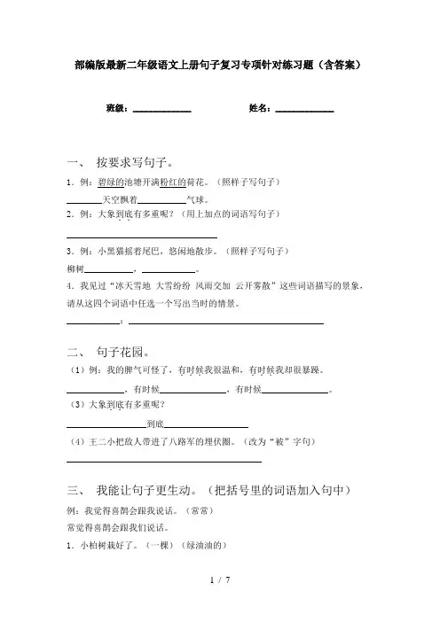 部编版最新二年级语文上册句子复习专项针对练习题(含答案)