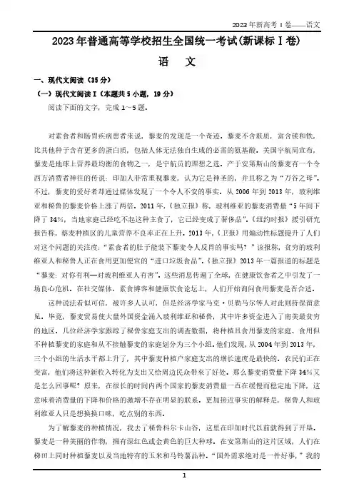 2023年全国新高考Ⅰ卷 语文(含答案)