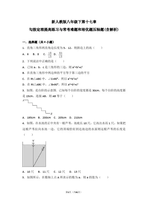 新人教版八年级下数学第十七章勾股定理提高练习与常考难题和培优题压轴题(含解析)-