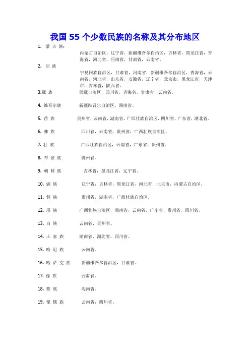 我国55个少数民族的名称分别是什么