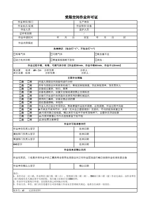 受限空间作业许可证 作业票 施工票