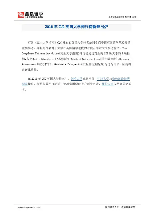 2016年CUG英国大学排行榜新鲜出炉