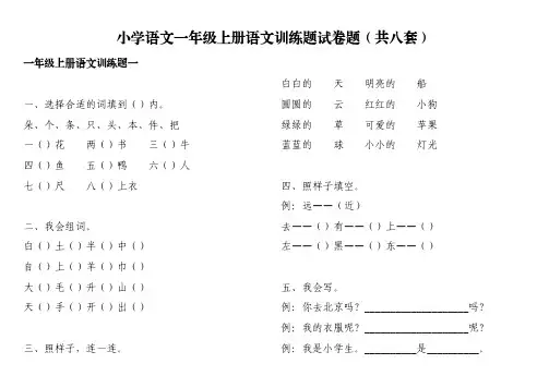 小学语文一年级上册语文训练题试卷题可打印(共八套)