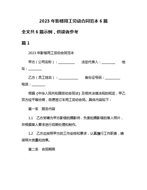 2023年影楼用工劳动合同范本6篇