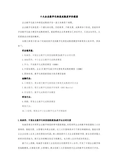 十大企业数字化转型成熟度评价模型