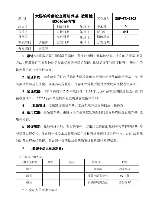 大肠埃希菌检查用培养基适用性检查验证方案